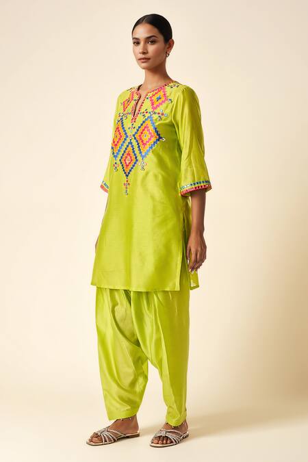 Shop_Gulabo By Abu Sandeep_Green Chanderi Gota Patti Ghungroo Embellished Salwar _at_Aza_Fashions