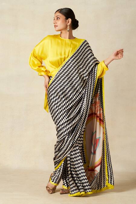Gulabo By Abu Sandeep_Black Modal, Satin Checkerboard Bloom Print Pant Saree _Online_at_Aza_Fashions