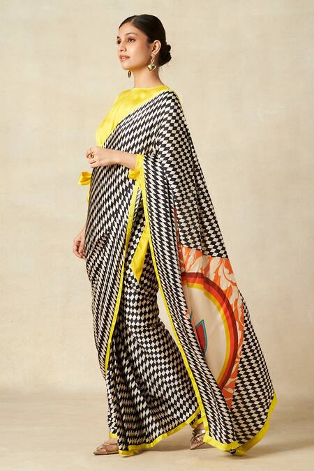 Buy_Gulabo By Abu Sandeep_Black Modal, Satin Checkerboard Bloom Print Pant Saree _Online_at_Aza_Fashions