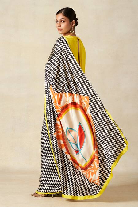 Shop_Gulabo By Abu Sandeep_Black Modal, Satin Checkerboard Bloom Print Pant Saree _Online_at_Aza_Fashions