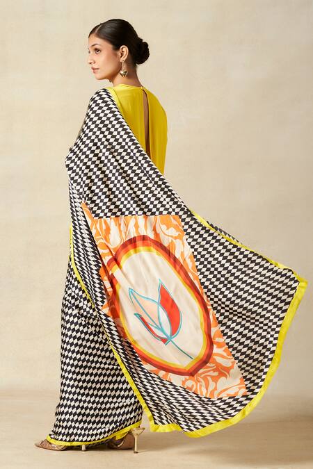 Gulabo By Abu Sandeep_Black Modal, Satin Checkerboard Bloom Print Pant Saree _at_Aza_Fashions