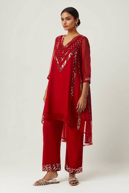 Buy_Gulabo By Abu Sandeep_Red Viscose, Georgette Sequins, Embroidery Round Geometric Asymmetric Kurta Set _Online_at_Aza_Fashions