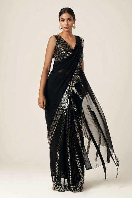 Gulabo By Abu Sandeep_Black Viscose, Georgette Sequins Geometric Embellished Saree _Online_at_Aza_Fashions