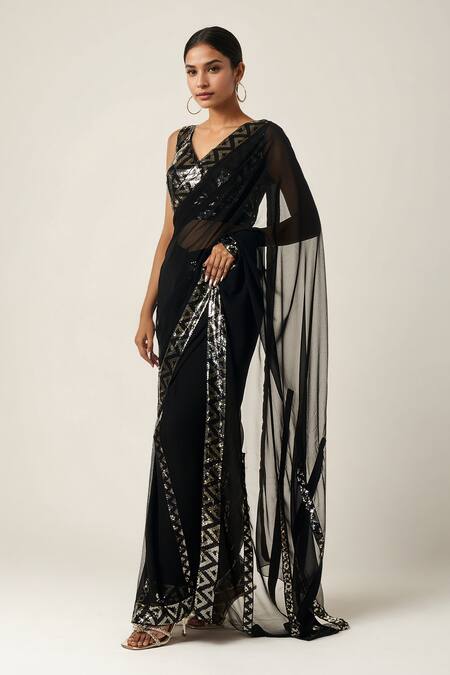 Shop_Gulabo By Abu Sandeep_Black Viscose, Georgette Sequins Geometric Embellished Saree _Online_at_Aza_Fashions