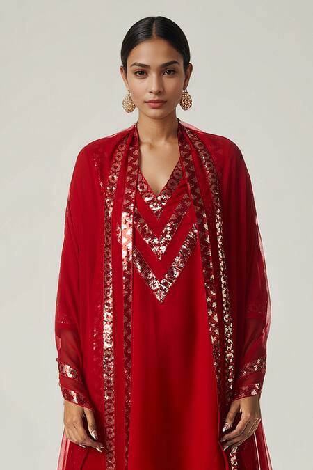 Shop_Gulabo By Abu Sandeep_Red Viscose Sequins Geometric Embellished Dupatta _Online_at_Aza_Fashions