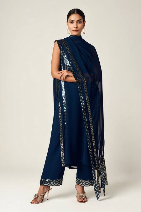 Gulabo By Abu Sandeep_Blue Viscose, Georgette Sequins Geometric Embellished Dupatta _Online_at_Aza_Fashions