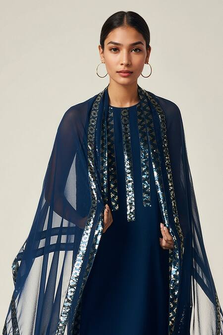 Buy_Gulabo By Abu Sandeep_Blue Viscose, Georgette Sequins Geometric Embellished Dupatta _Online_at_Aza_Fashions