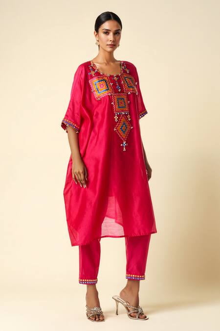 Buy_Gulabo By Abu Sandeep_Pink Chanderi Mirrors, Gota Patti Round Neck Ikat Embroidered Kaftan _Online_at_Aza_Fashions