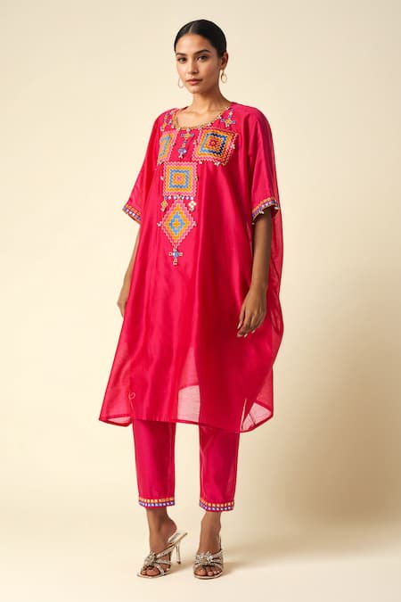 Shop_Gulabo By Abu Sandeep_Pink Chanderi Mirrors, Gota Patti Round Neck Ikat Embroidered Kaftan _Online_at_Aza_Fashions