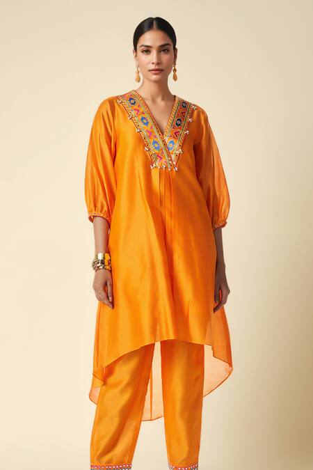 Buy_Gulabo By Abu Sandeep_Orange Chanderi Mirrors, Embroidery Thread Pant _Online_at_Aza_Fashions