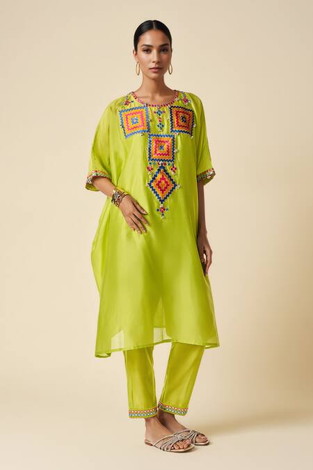 Gulabo By Abu Sandeep_Green Chanderi Mirrors, Embroidery Round Neck Ikat Applique Kaftan _Online_at_Aza_Fashions