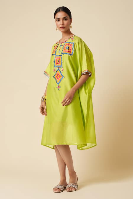 Buy_Gulabo By Abu Sandeep_Green Chanderi Mirrors, Embroidery Round Neck Ikat Applique Kaftan _Online_at_Aza_Fashions