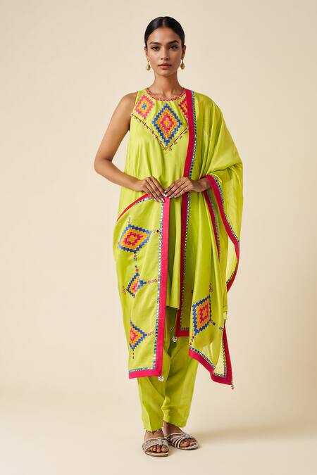 Gulabo By Abu Sandeep_Green Chanderi Embroidery Round Neck Ikat Applique A-line Kurta _Online_at_Aza_Fashions