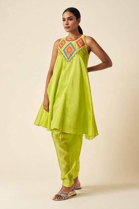 Buy_Gulabo By Abu Sandeep_Green Chanderi Embroidery Round Neck Ikat Applique A-line Kurta _Online_at_Aza_Fashions