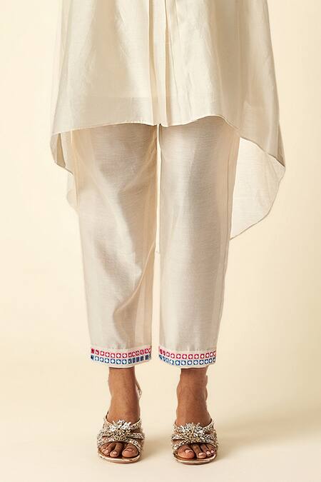 Buy_Gulabo By Abu Sandeep_Off White Chanderi Mirrors, Embroidery And Thread Straight Pant _Online_at_Aza_Fashions