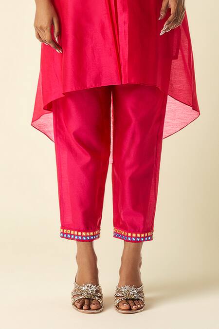 Gulabo By Abu Sandeep_Pink Chanderi Mirrors, Embroidery Straight Pant _Online_at_Aza_Fashions