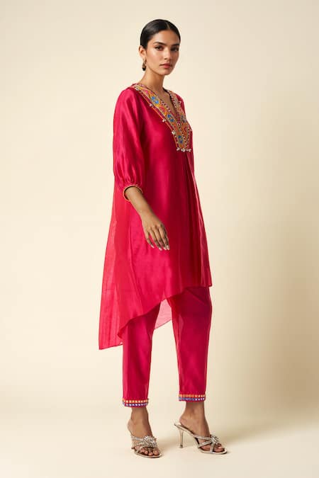 Buy_Gulabo By Abu Sandeep_Pink Chanderi Mirrors, Embroidery Straight Pant _Online_at_Aza_Fashions