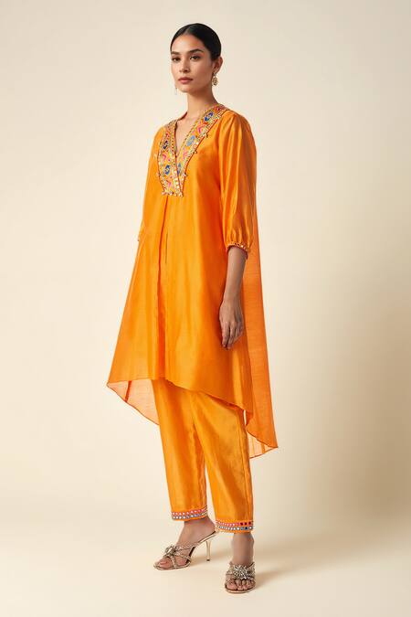 Gulabo By Abu Sandeep_Orange Chanderi Mirrors, Gota Patti Asymmetric Ikat Abla Embroidered Kurta _Online_at_Aza_Fashions
