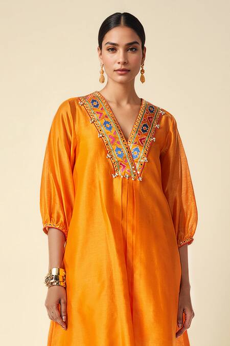 Buy_Gulabo By Abu Sandeep_Orange Chanderi Mirrors, Gota Patti Asymmetric Ikat Abla Embroidered Kurta _Online_at_Aza_Fashions