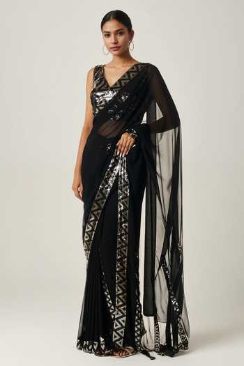 Buy_Gulabo By Abu Sandeep_Black Viscose, Georgette Sequins V-neck Geometric Embellished Blouse _Online_at_Aza_Fashions