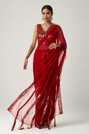 Buy_Gulabo By Abu Sandeep_Red Viscose, Georgette Sequins V-neck Geometric Embellished Blouse _Online_at_Aza_Fashions