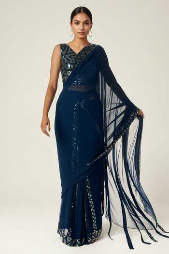 Buy_Gulabo By Abu Sandeep_Blue Georgette Sequins V-neck Geometric Embellished Blouse _Online_at_Aza_Fashions