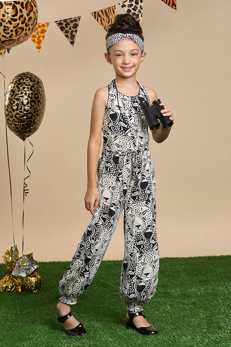 LIL DRAMA Black Cotton, Poplin Leopard Gaze Print Jumpsuit And Hairband 