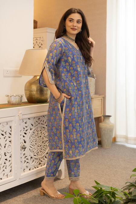 ASRUMO_Blue Chanderi, Organza Embroidery, Zari V-neck Floral Print Kurta Pant Set_Online_at_Aza_Fashions