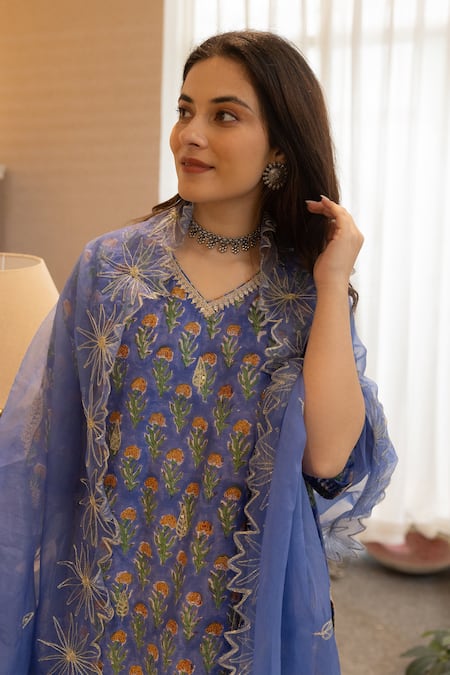 ASRUMO_Blue Chanderi, Organza Embroidery, Zari V-neck Floral Print Kurta Pant Set_at_Aza_Fashions