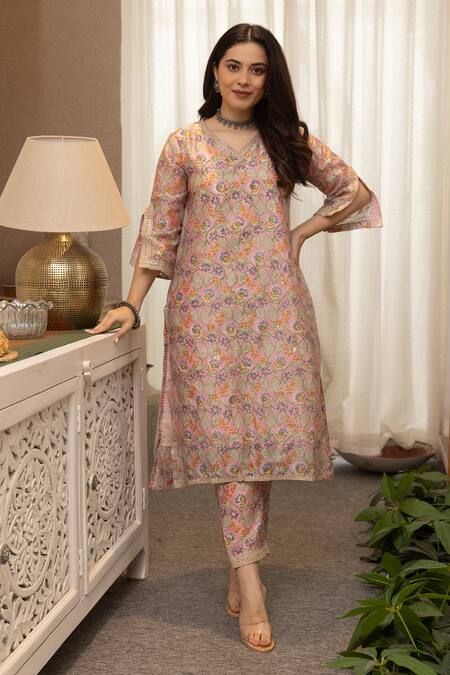 ASRUMO_Pink Chanderi, Viscose Zari, Embroidery V-neck Floral Work Kurta Pant Set_Online_at_Aza_Fashions