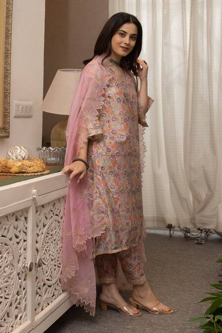 Shop_ASRUMO_Pink Chanderi, Viscose Zari, Embroidery V-neck Floral Work Kurta Pant Set_Online_at_Aza_Fashions