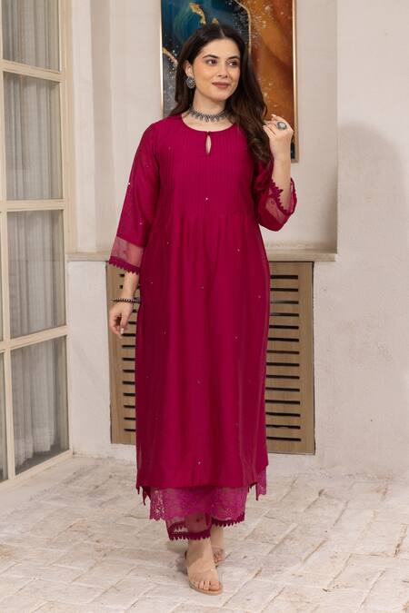 ASRUMO Pink Chanderi, Doriya Mirrors Keyhole Neck Embroidered Kurta Pant Set Online at Aza Fashions ASRUMO_Pink Chanderi, Doriya Mirrors Keyhole Neck Embroidered Kurta Pant Set _Online_at_Aza_Fashions
