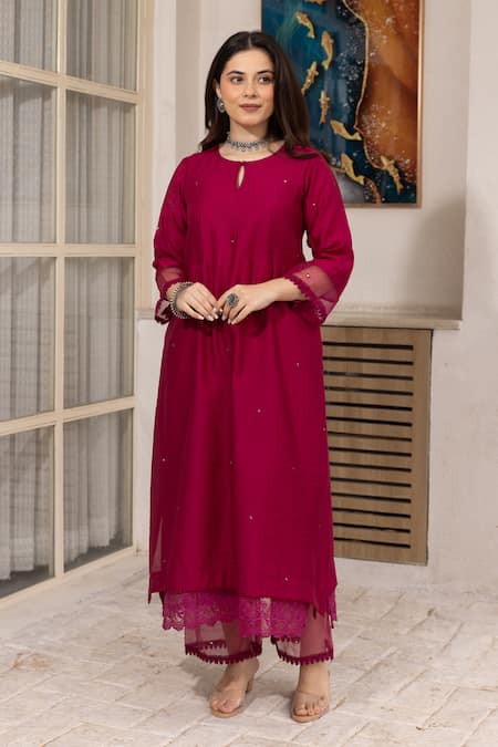 Buy ASRUMO Pink Chanderi, Doriya Mirrors Keyhole Neck Embroidered Kurta Pant Set Online at Aza Fashions Buy_ASRUMO_Pink Chanderi, Doriya Mirrors Keyhole Neck Embroidered Kurta Pant Set _Online_at_Aza_Fashions