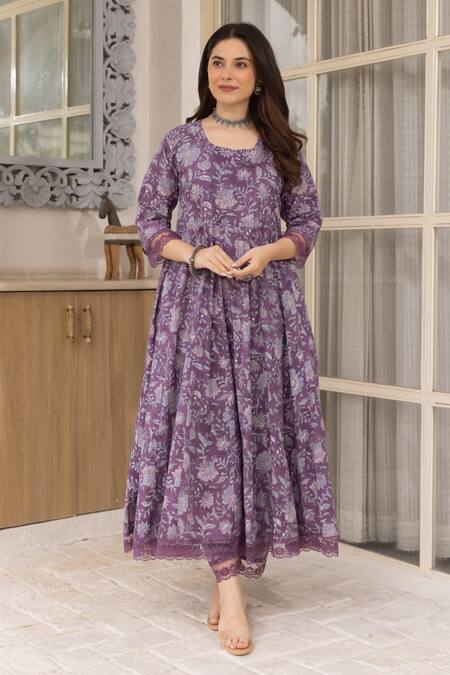 ASRUMO_Purple Cotton, Denim Embroidery Round Neck Floral Jaal Anarkali Pant Set_Online_at_Aza_Fashions