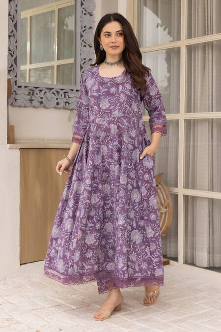Buy_ASRUMO_Purple Cotton, Denim Embroidery Round Neck Floral Jaal Anarkali Pant Set_Online_at_Aza_Fashions