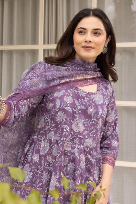 Shop_ASRUMO_Purple Cotton, Denim Embroidery Round Neck Floral Jaal Anarkali Pant Set_Online_at_Aza_Fashions
