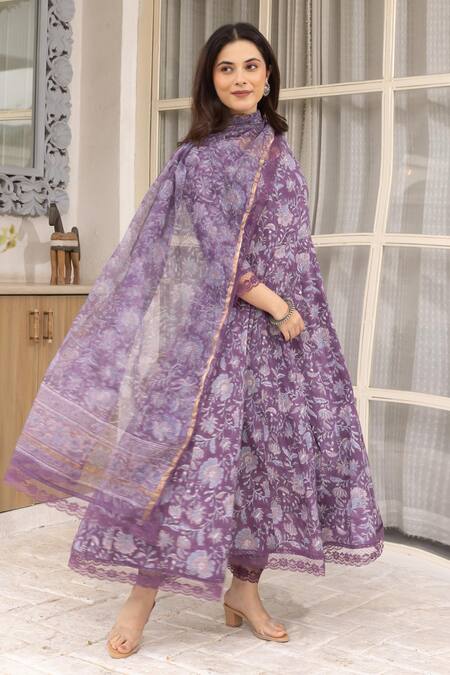 ASRUMO_Purple Cotton, Denim Embroidery Round Neck Floral Jaal Anarkali Pant Set_at_Aza_Fashions
