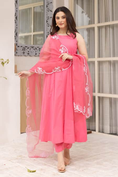 ASRUMO Pink Cotton, Organza Embroidery Round Neck Anarkali Set With Dupatta Online at Aza Fashions ASRUMO_Pink Cotton, Organza Embroidery Round Neck Anarkali Set With Dupatta _Online_at_Aza_Fashions