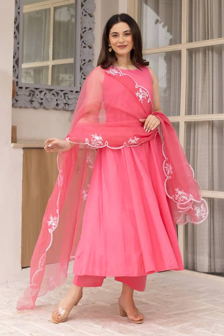 Buy ASRUMO Pink Cotton, Organza Embroidery Round Neck Anarkali Set With Dupatta Online at Aza Fashions Buy_ASRUMO_Pink Cotton, Organza Embroidery Round Neck Anarkali Set With Dupatta _Online_at_Aza_Fashions