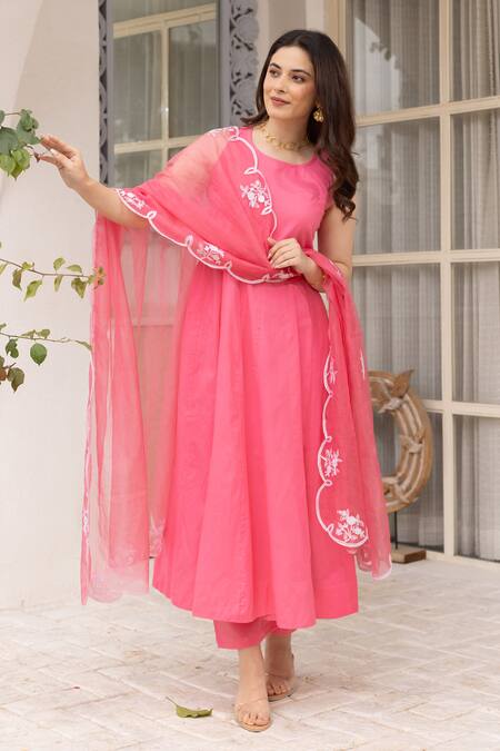 Shop ASRUMO Pink Cotton, Organza Embroidery Round Neck Anarkali Set With Dupatta Online at Aza Fashions Shop_ASRUMO_Pink Cotton, Organza Embroidery Round Neck Anarkali Set With Dupatta _Online_at_Aza_Fashions