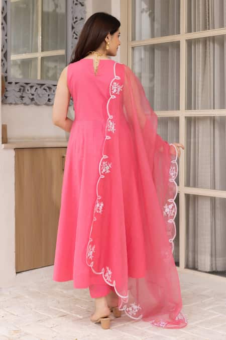 Shop ASRUMO Pink Cotton, Organza Embroidery Round Neck Anarkali Set With Dupatta at Aza Fashions Shop_ASRUMO_Pink Cotton, Organza Embroidery Round Neck Anarkali Set With Dupatta _at_Aza_Fashions