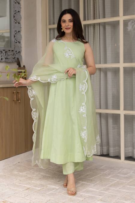 ASRUMO Green Cotton, Organza Embroidery Round Neck Solid Anarkali Set With Dupatta Online at Aza Fashions ASRUMO_Green Cotton, Organza Embroidery Round Neck Solid Anarkali Set With Dupatta _Online_at_Aza_Fashions