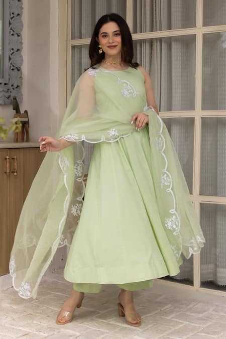 Buy ASRUMO Green Cotton, Organza Embroidery Round Neck Solid Anarkali Set With Dupatta Online at Aza Fashions Buy_ASRUMO_Green Cotton, Organza Embroidery Round Neck Solid Anarkali Set With Dupatta _Online_at_Aza_Fashions