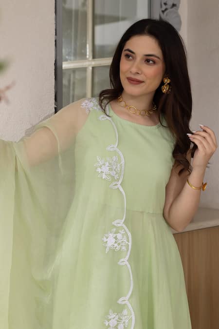 Shop ASRUMO Green Cotton, Organza Embroidery Round Neck Solid Anarkali Set With Dupatta Online at Aza Fashions Shop_ASRUMO_Green Cotton, Organza Embroidery Round Neck Solid Anarkali Set With Dupatta _Online_at_Aza_Fashions