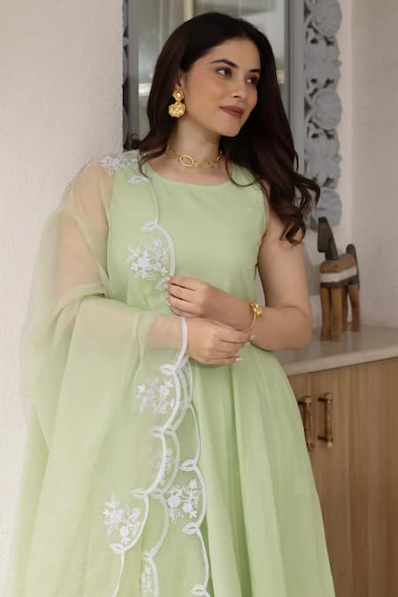 ASRUMO Green Cotton, Organza Embroidery Round Neck Solid Anarkali Set With Dupatta at Aza Fashions ASRUMO_Green Cotton, Organza Embroidery Round Neck Solid Anarkali Set With Dupatta _at_Aza_Fashions