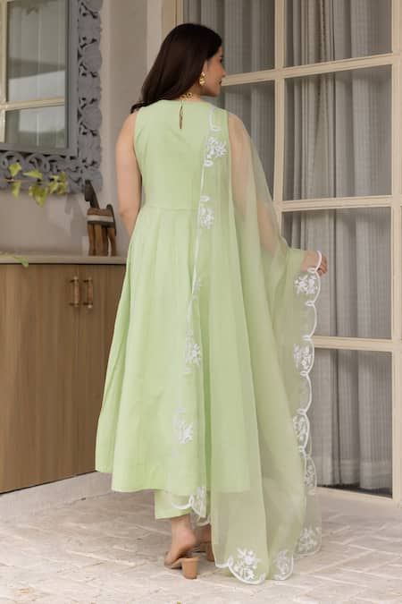 Shop ASRUMO Green Cotton, Organza Embroidery Round Neck Solid Anarkali Set With Dupatta at Aza Fashions Shop_ASRUMO_Green Cotton, Organza Embroidery Round Neck Solid Anarkali Set With Dupatta _at_Aza_Fashions