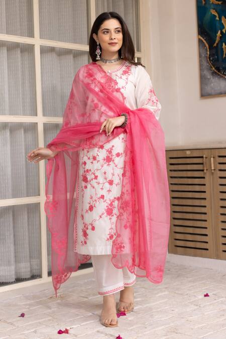 ASRUMO_White Chanderi, Organza Embroidery Round Neck Floral Thread Kurta Set _at_Aza_Fashions