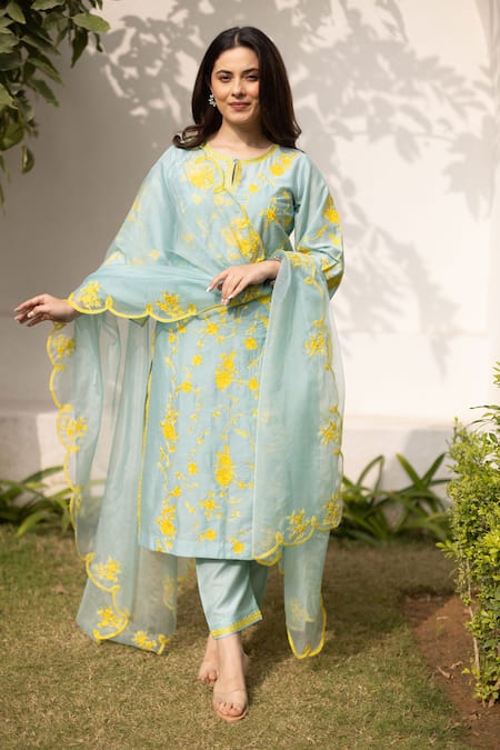 ASRUMO_Blue Chanderi, Organza Embroidery Round Neck Floral Thread Kurta Set _Online_at_Aza_Fashions