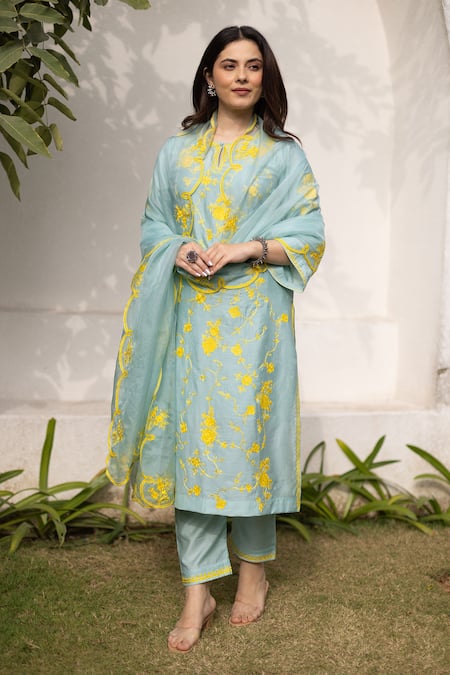 ASRUMO_Blue Chanderi, Organza Embroidery Round Neck Floral Thread Kurta Set _at_Aza_Fashions