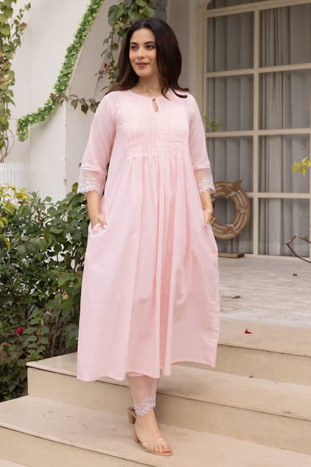 ASRUMO Pink Chanderi, Organza Lace, Embroidery Round Pleated Pintucked Kurta Pant Set Online at Aza Fashions ASRUMO_Pink Chanderi, Organza Lace, Embroidery Round Pleated Pintucked Kurta Pant Set _Online_at_Aza_Fashions